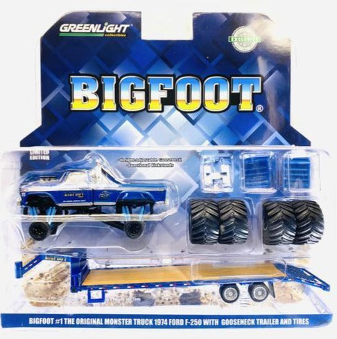 GREENLIGHT HOBBY EXCLUSIVE BIGFOOT #1 THE ORIGINAL MONSTER TRUCK 1974 FORD F-250 WITH GOOSENECK TRAILER & TIRES