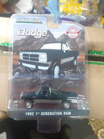 greenlight 1/64 1992 Dodge Ram 1st Generation, Lifted, Green & Silver